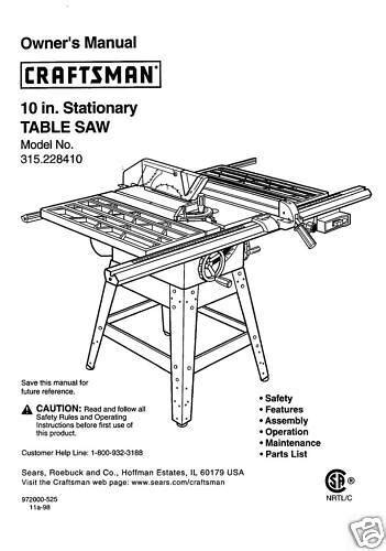 Sears Craftsman Table Saw Manual Model # 315.228410 | eBay