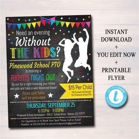 EDITABLE Parents Night Out Flyer, Printable PTA, PTO, School Family Fundraiser Event, Community ...