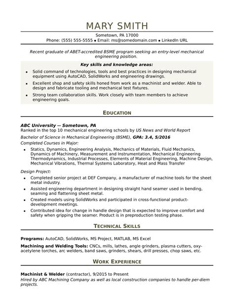 Mechanical Engineer Resume: Entry-Level | Engineering resume, Engineering resume templates ...