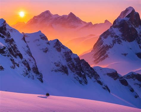 Premium Photo | Sunset in the snowy mountains