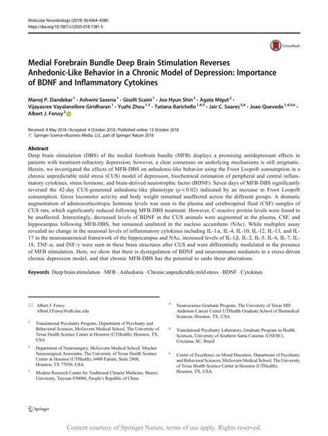 Medial Forebrain Bundle Deep Brain Stimulation Reverses Anhedonic-Like ...