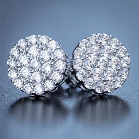 Mens Round Silver Diamond Cluster Earrings