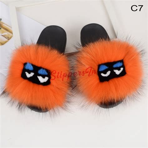 Women's Fox Fur Slides Cute Bird Eyes Flat Furry Slides