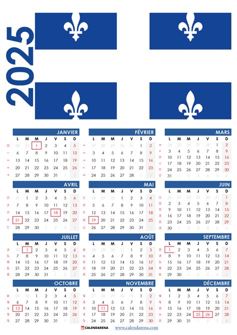 Calendrier 2025 Québec à Imprimer Gratuitement