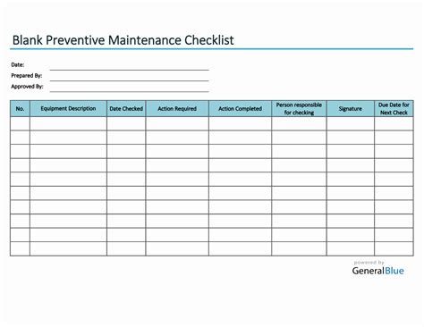 Blank Preventive Maintenance Checklist in Excel