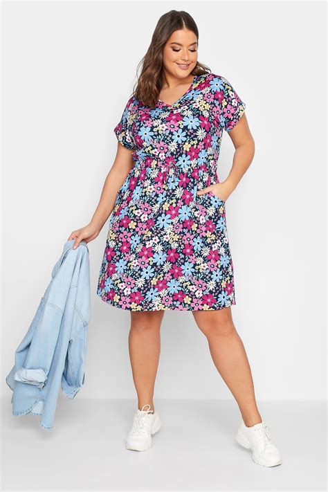 YOURS Curve Plus Size Blue Floral Mini Dress | Yours Clothing