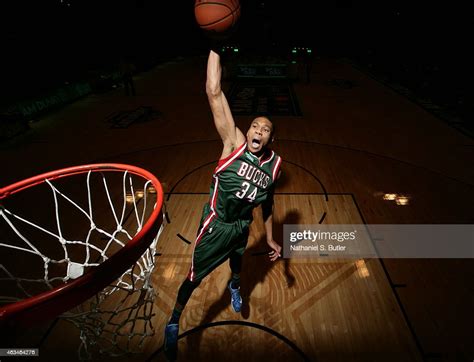 Giannis Antetokounmpo of the Milwaukee Bucks dunks during the Sprite ...