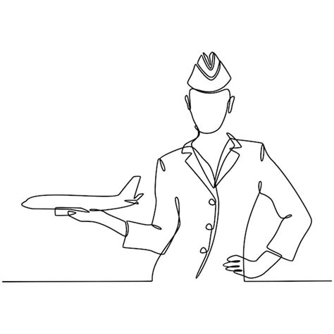 Premium Vector | Continuous line drawing of a flight attendant holding a plane in hand vector ...