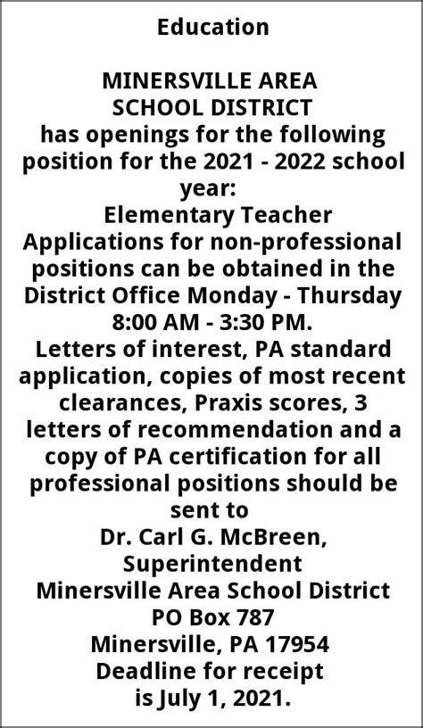 Elementary Teacher, Minersville Area School Diustrict, Minersville, PA