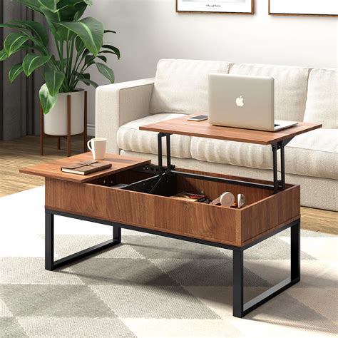 WLIVE Wood Coffee Table with Adjustable Lift Top Table, Metal Frame Hidden Storage Compartment ...