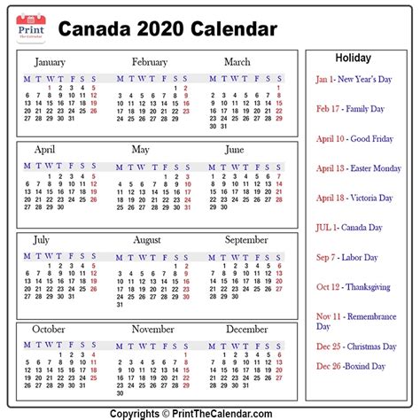 Canada Calendar 2020 with Canada Public Holidays