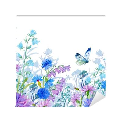 Wall Mural background of flowers.watercolor illustration.Wildflowers and butterflies. design for ...