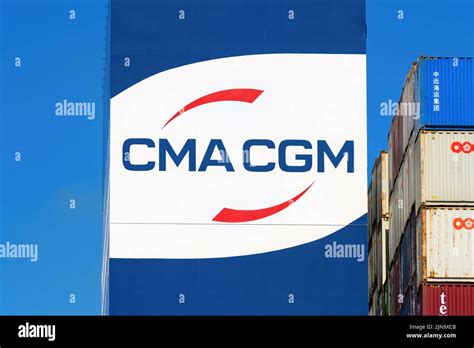 The CMA CGM logo on the funnel of the container carrier CMA CGM Mexico ...