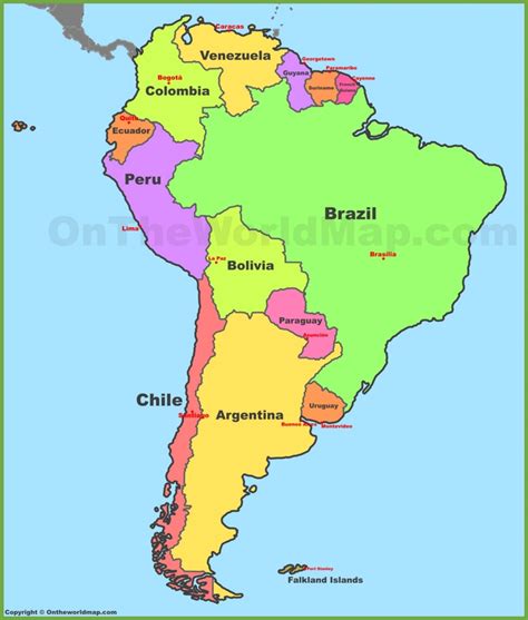 Map of South America with countries and capitals - Ontheworldmap.com