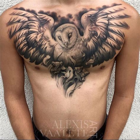 Owl With Wings Spread, Mens Chest Tattoo