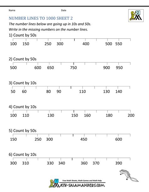 Number Line Worksheets up to 1000