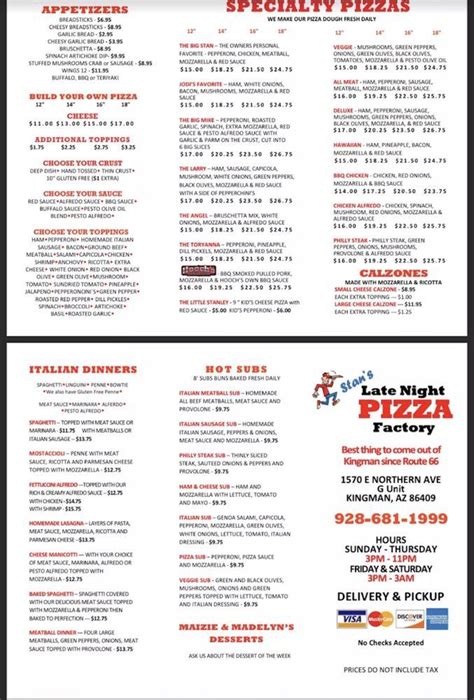 Menu at Stan's Late Night Pizza pizzeria, Kingman