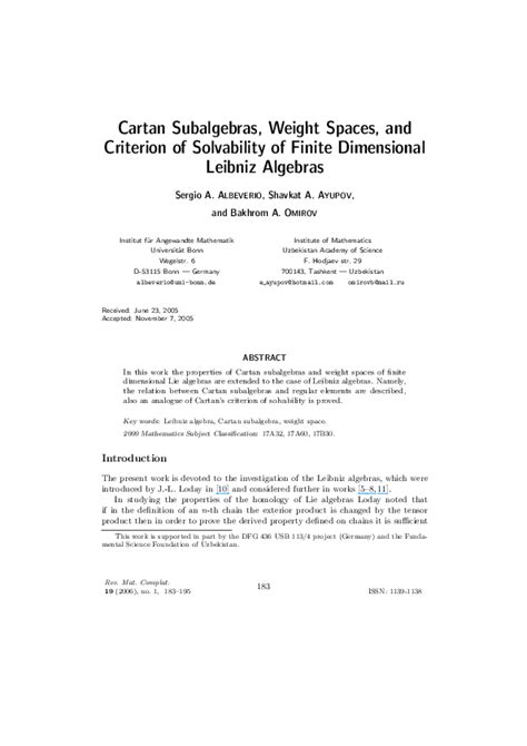 (PDF) Cartan Subalgebras, Weight Spaces, and Criterion of Solvability of Finite Dimensional ...