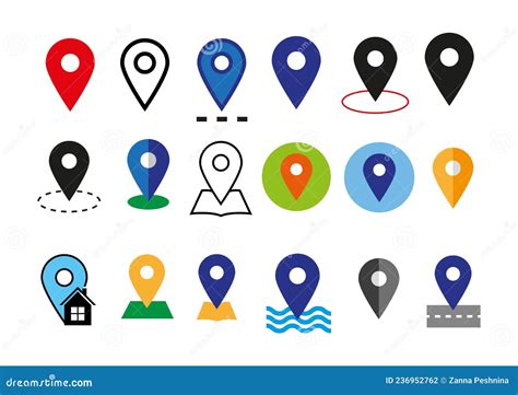 Different Colors Flat Placeholder Symbols Set, Collection or Location Vector Icons on White ...