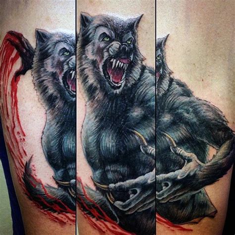 Stunning illustrative style colored arm tattoo of cool looking bloody werewolf - Tattooimages.biz