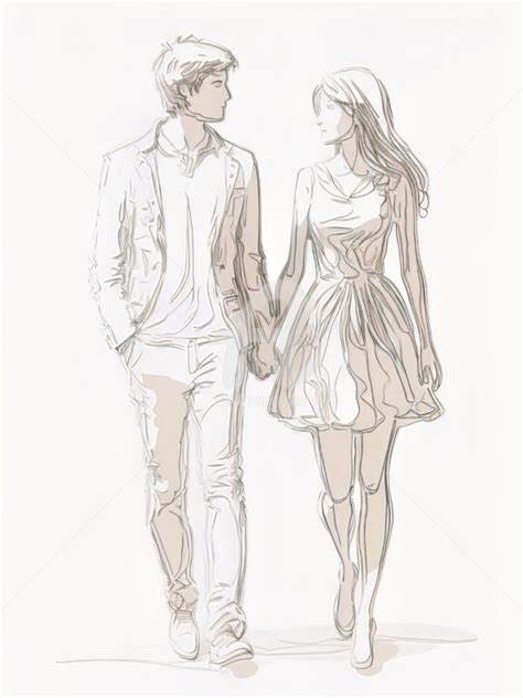 Romantic Couple Holding Hand Pencil Sket, Digital Arts by Mounir Khalfouf | Artmajeur