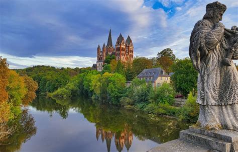 Wallpaper autumn, trees, reflection, river, Germany, Church, statue, Germany, Hesse, Limburg an ...