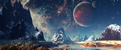 2560x1080 Mountains Stars Space Planets Digital Art Artwork 4k ...