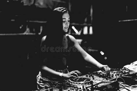 Young Woman Dj Playing Music at Summer Night Festival. Fun, Youth, Entertainment and Fest ...