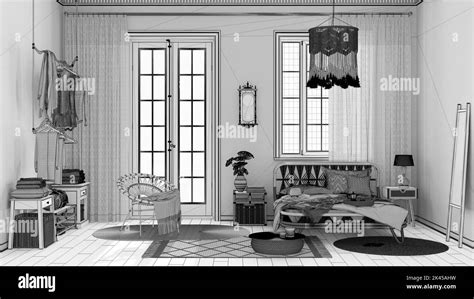 Blueprint unfinished project draft, boho chic farmhouse bedroom with ...