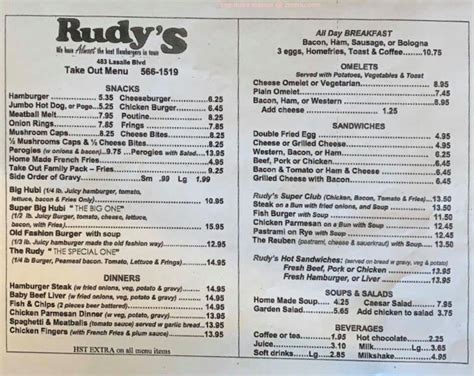 Menu at Rudy's Restaurant, Sudbury