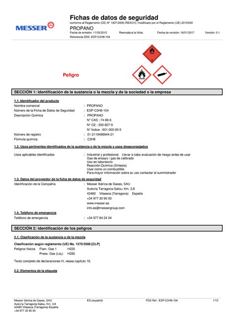 Ficha tecnica Gas propano - Fichas de datos de seguridad conforme al Reglamento (CE) N° 1907/ ...