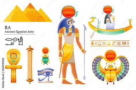 Ancient Egyptian Sun god Ra icon set. Falcon sun deity, solar disk, barque, scarab, papyrus ...