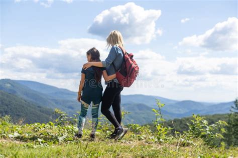 Mother and Daughter Enjoying the View after a Mountain Hike Stock Image ...