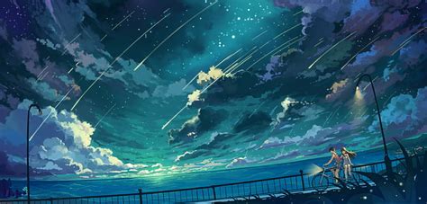 HD wallpaper: sky, stars, night, clouds, bicycle, anime, sea, anime ...