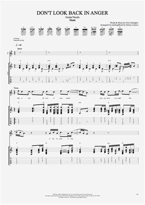 Don't Look Back in Anger by Oasis - Guitar & Vocals Guitar Pro Tab | mySongBook.com