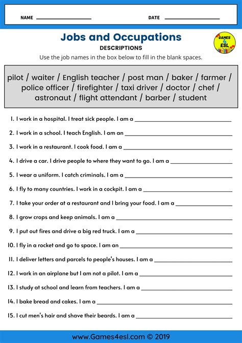 Esl Jobs Worksheet