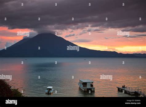 Guatemala, San Juan la Laguna. Toliman volcano and Lago de Atitlan ...