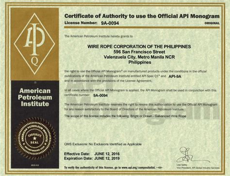 API Certification – Wire Rope Corporation of the Philippines