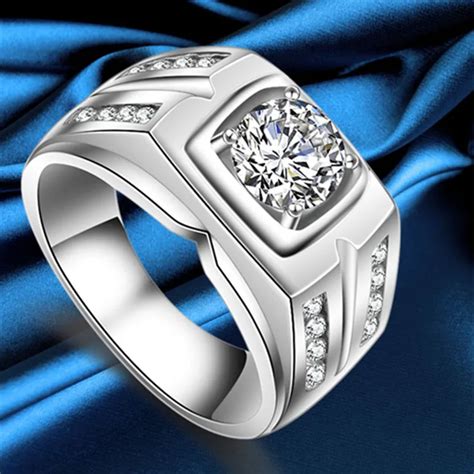 925 Sterling Silver male ring wedding Rings with large Cubic Zircon men engagement ring fashion ...