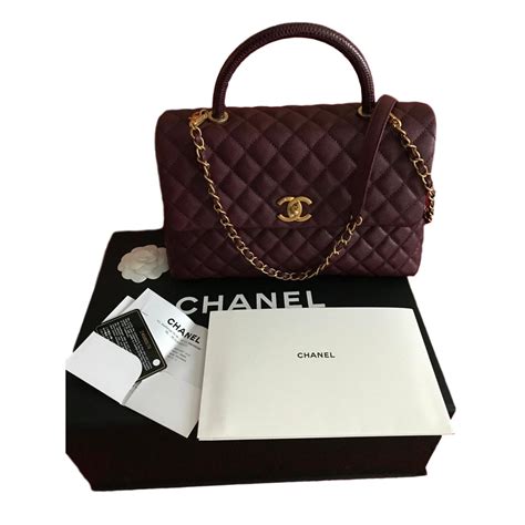 CHANEL Coco Handle Medium Bag Burgundy Caviar / Lizard / GOLD - New Dark red Exotic leather ref ...