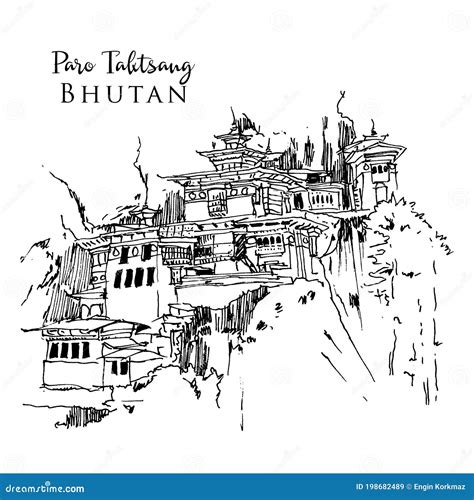 Drawing Sketch Illustration of Tiger`s Nest Temple in Bhutan Stock ...