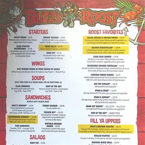 Buzz's Roost menu in Georgetown, South Carolina, USA