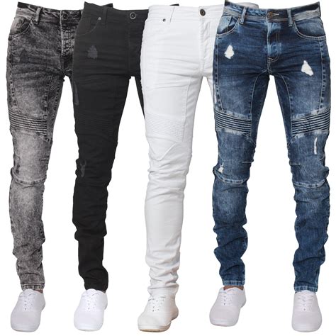 Mens ENZO Super Skinny Ripped Biker Denim Jeans Blue Black White Summer Fashion | eBay