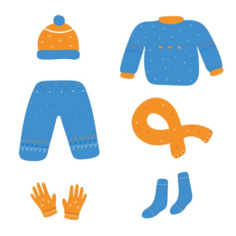 Collection of cute winter clothes. Colorful set of winter clothes in cartoon style. Sweater ...