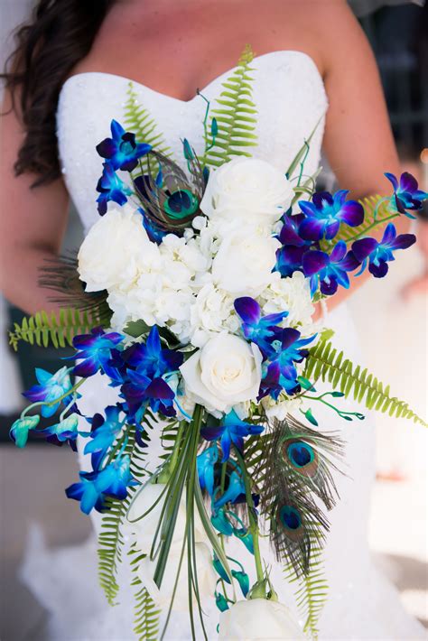 Blue Orchid, Peacock Feather and Fern Bridal Bouquet | Orchid bridal ...