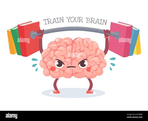 Brain training. Cartoon brain lifts weight with books. Train your memory, studying, learning and ...