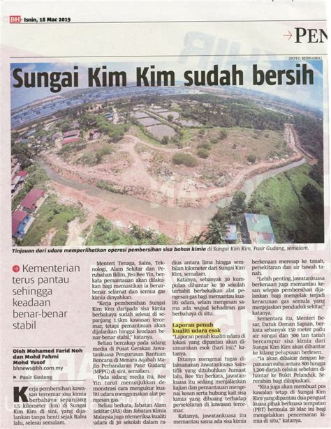 Sungai Kim Kim sudah bersih, 18 Mac 2019, Berita Harian – Enviro Knowledge Center