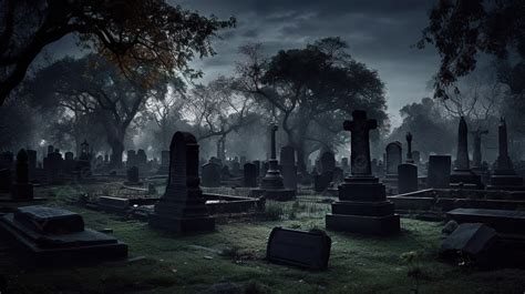 The Scene Of Dark Tombstones At Night Background, Graveyard Picture ...