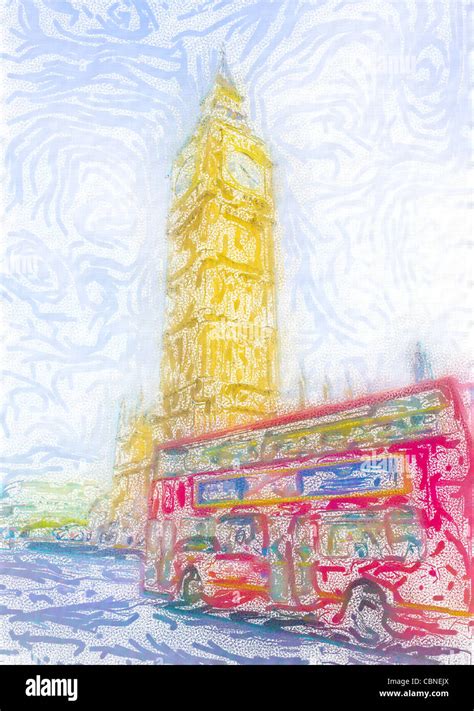 Unique textured digital drawing of a classic red London bus in front of the Houses of Parliament ...