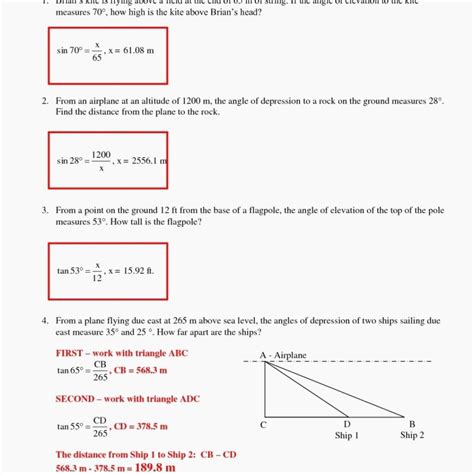 Angle Of Elevation & Depression Trig Worksheets